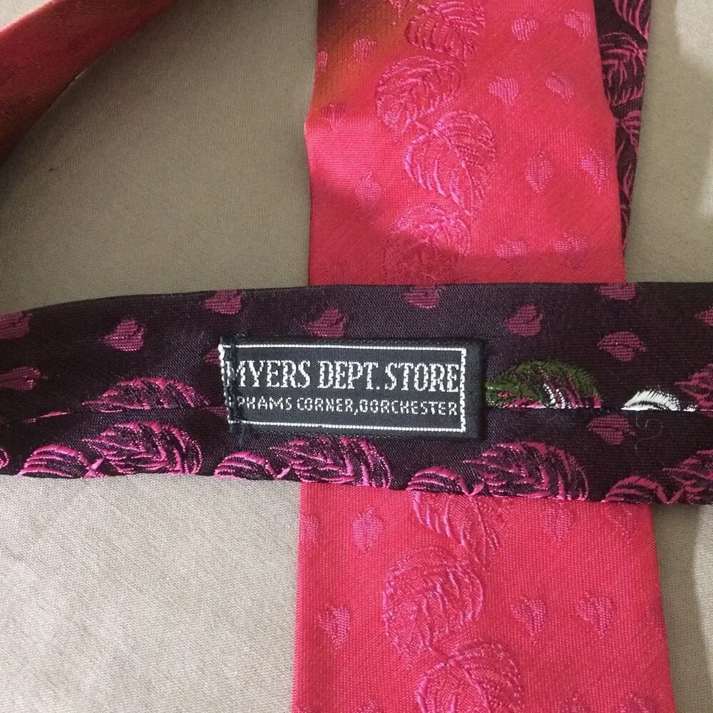 Vintage 1950s Skinny Tie 2” Ombre Pink Rayon Jacquard Leaves Rockabilly Mad Men
